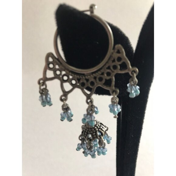 Vintage Circle Heart Mini Blue Beads Pierced Wire Chandelier Dangle Earrings - Picture 4 of 8